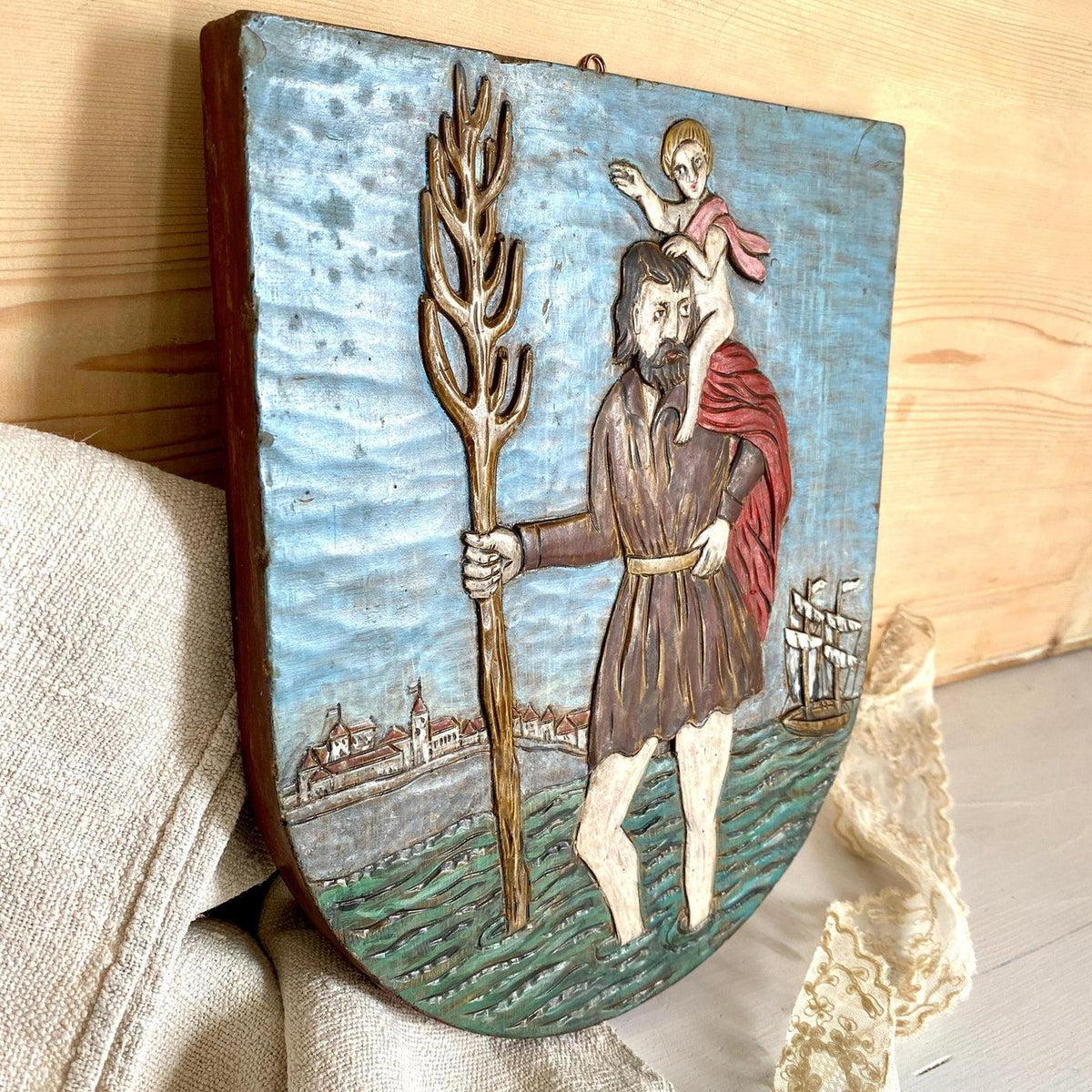 Heiligenbild Hl. Christophorus Gips Wandfigur Handbemalt Vintage