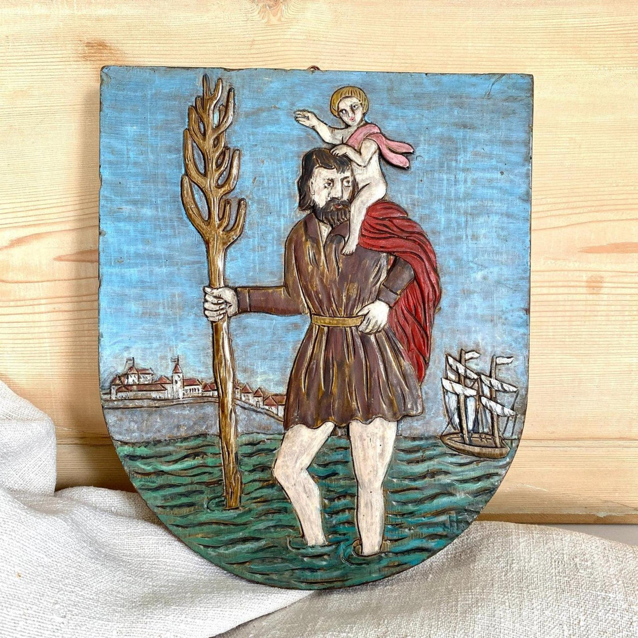 Heiligenbild Hl. Christophorus Gips Wandfigur Handbemalt Vintage