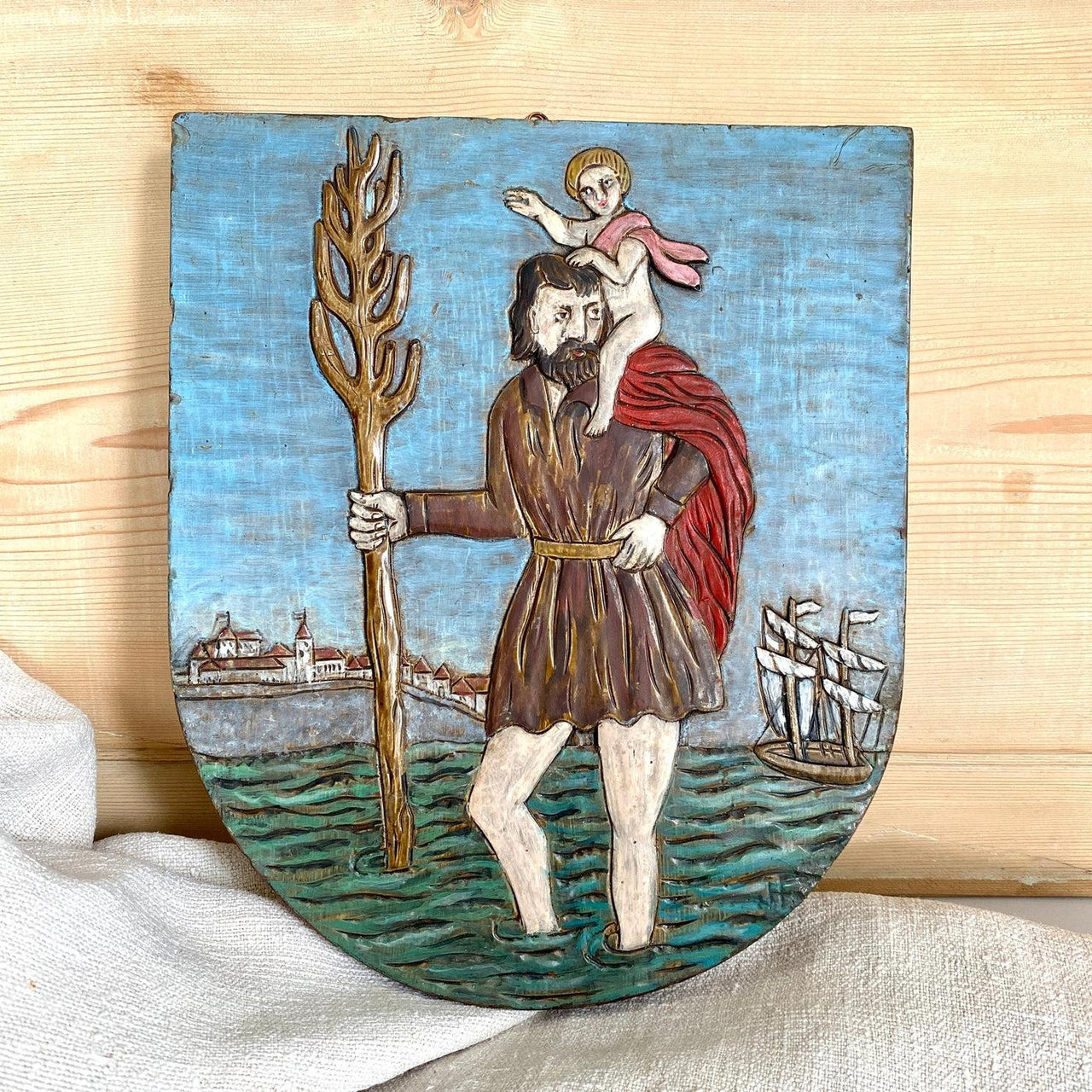 St. Christopher vintage wall plaque hand painted high relief