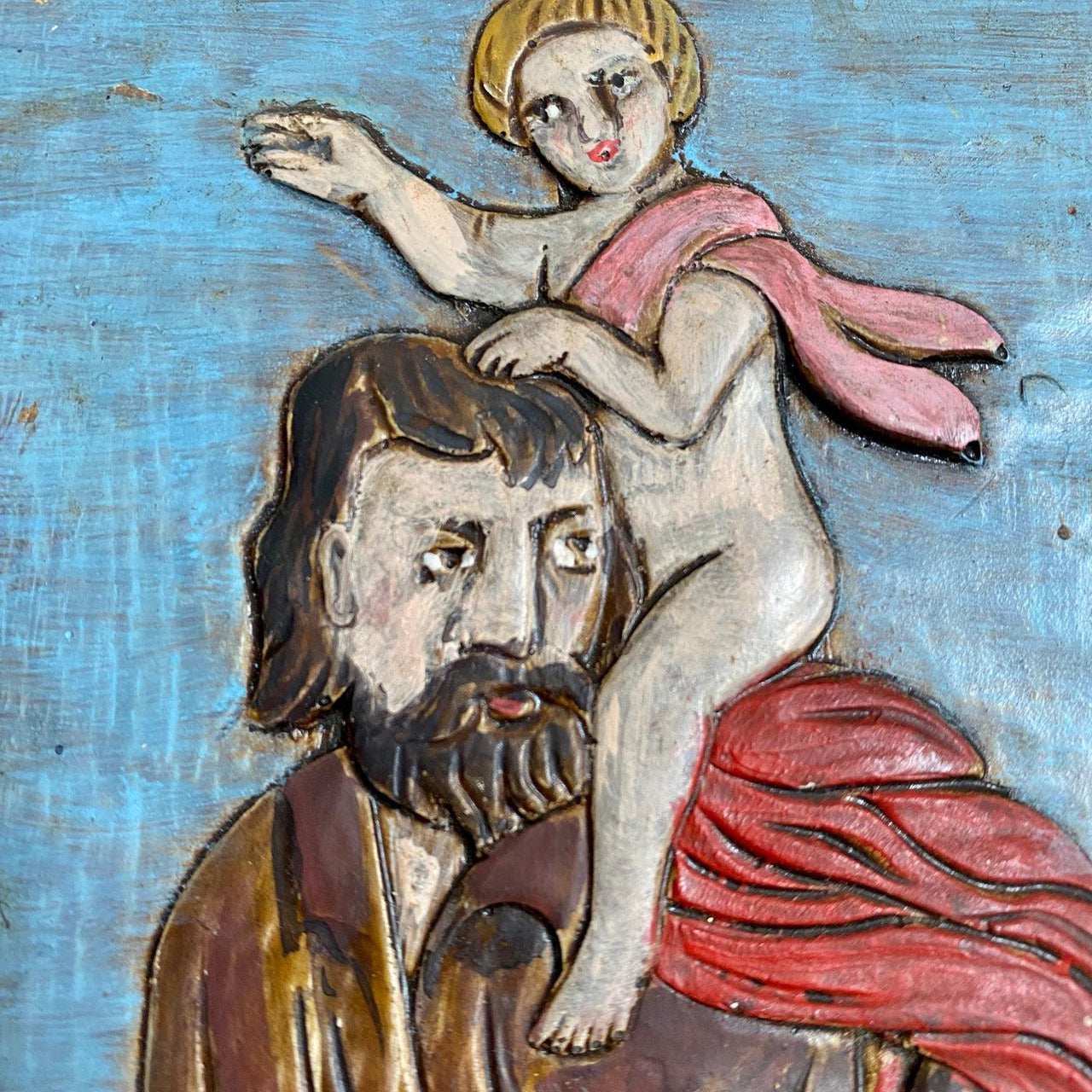 Vintage chalkware St. Christopher gesso wall plaque hand painted