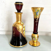Likörset Murano Glas Tre Fuochi Rubinrot 24kt Gold Emaille Blumen 8-teilig Vintage 60er