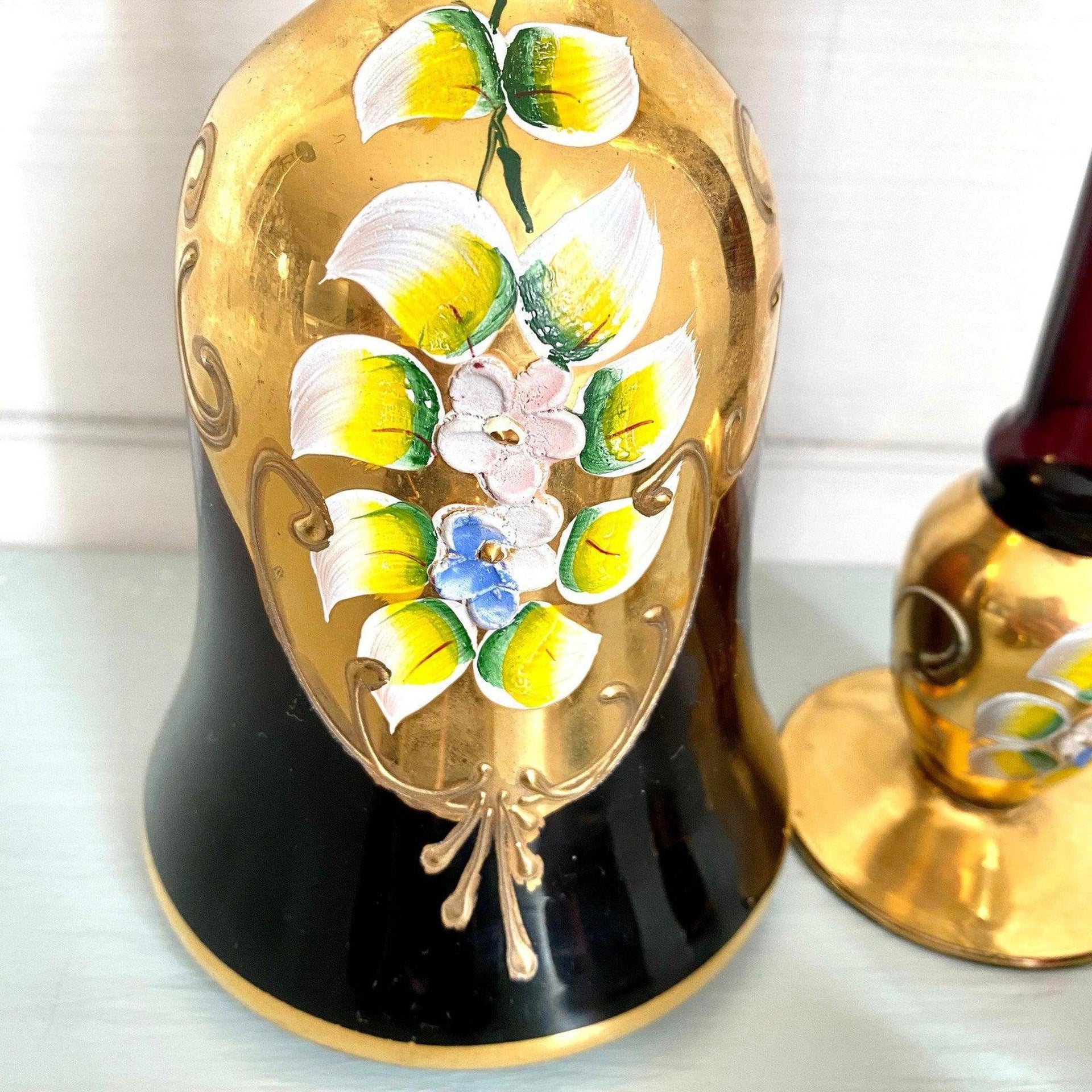 Likörset Murano Glas Tre Fuochi Rubinrot 24kt Gold Emaille Blumen 8-teilig Vintage 60er