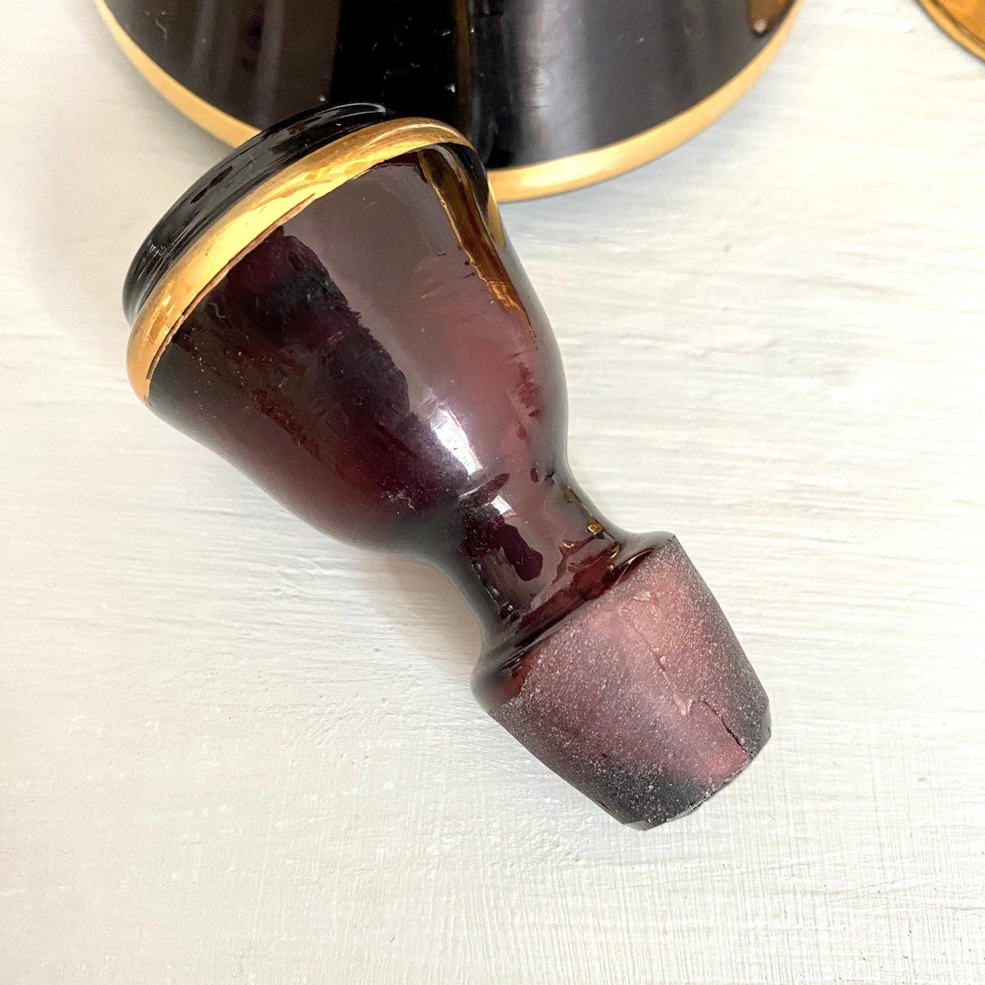 Likörset Murano Glas Tre Fuochi Rubinrot 24kt Gold Emaille Blumen 8-teilig Vintage 60er