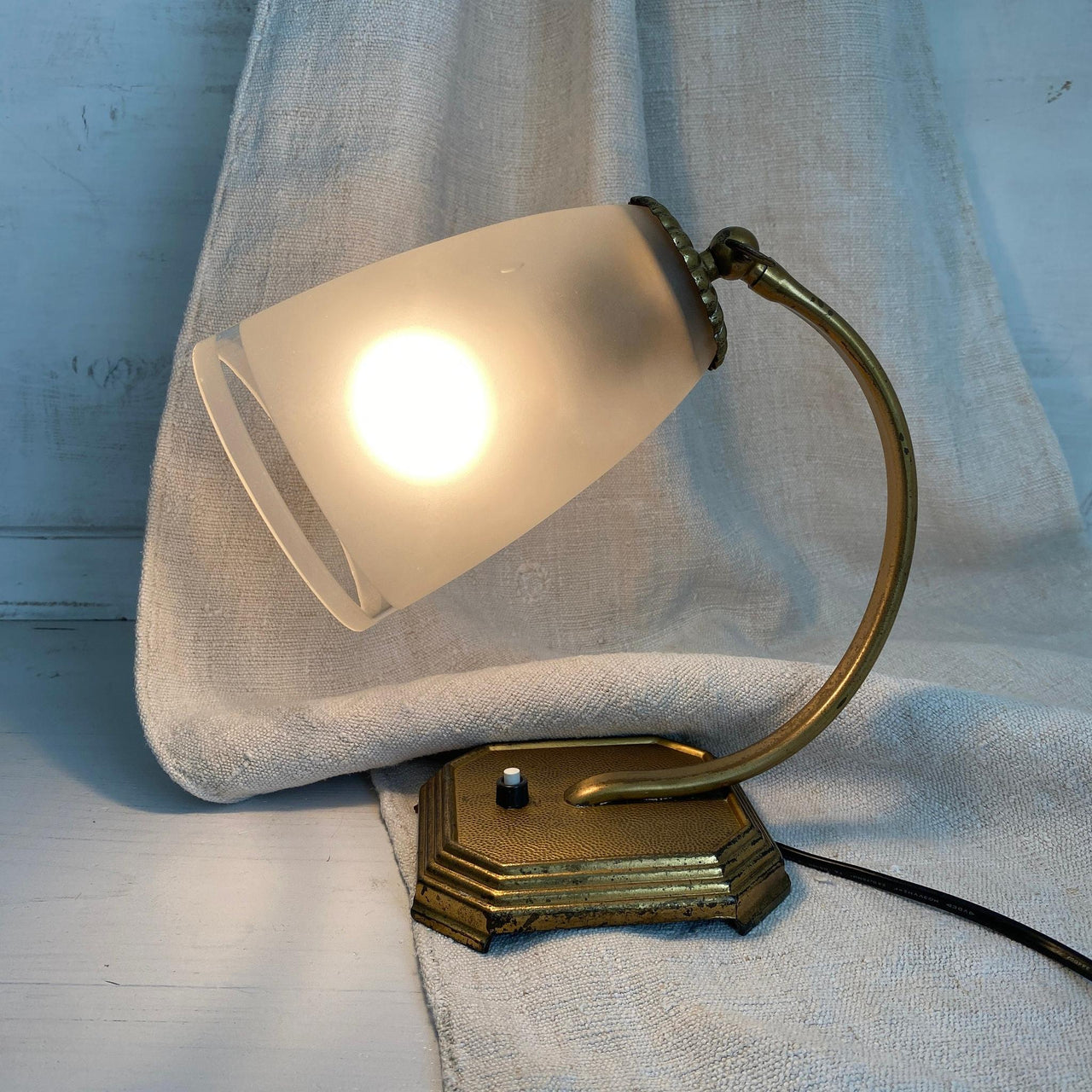 Mid century brass bedside lamp 50s 60s table lamp frosted glass-Sweet Antik