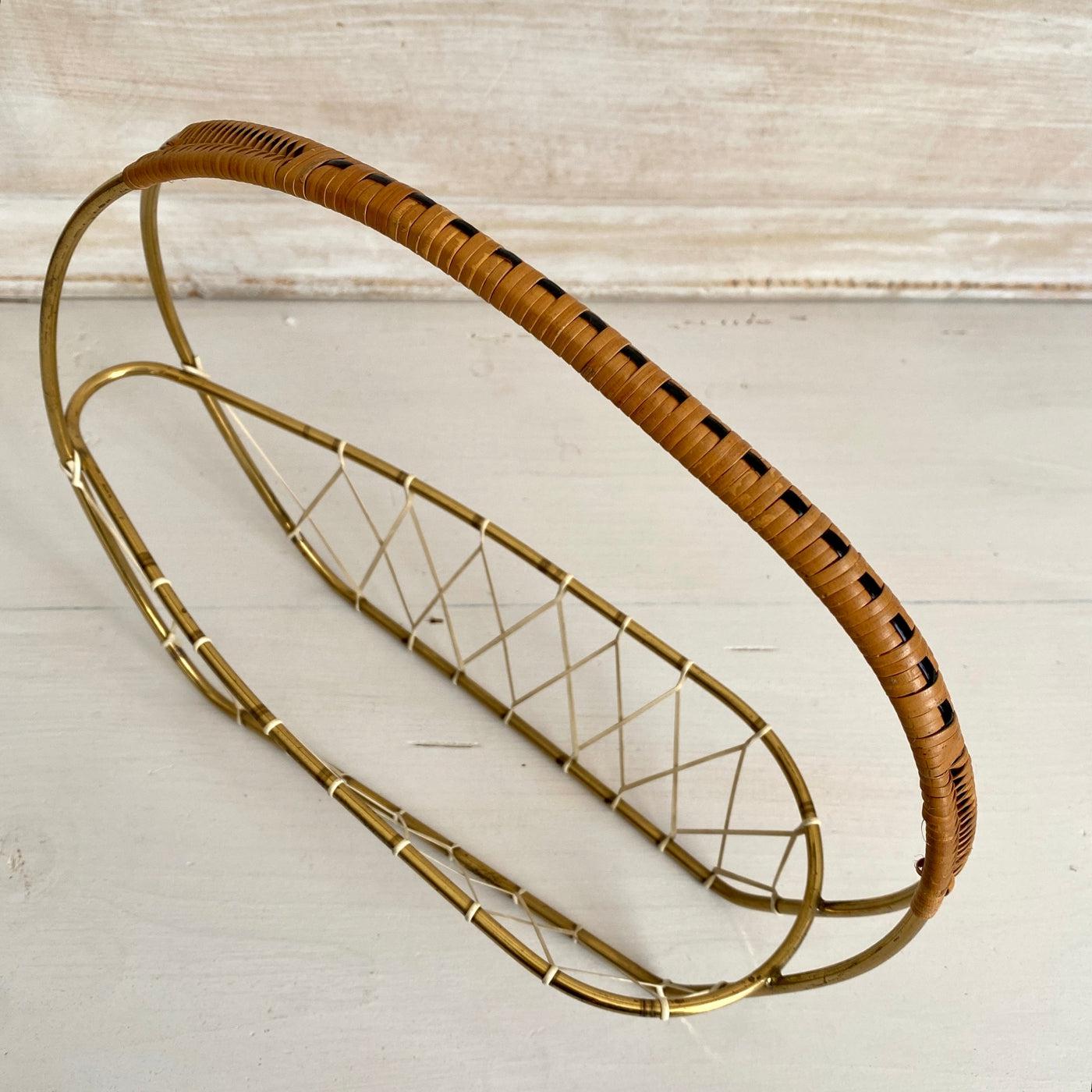 Mid century brass bottle holder with rattan handle 1950s-Sweet Antik