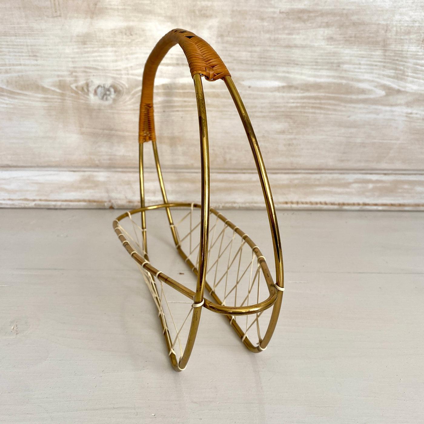 Mid century brass bottle holder with rattan handle 1950s-Sweet Antik