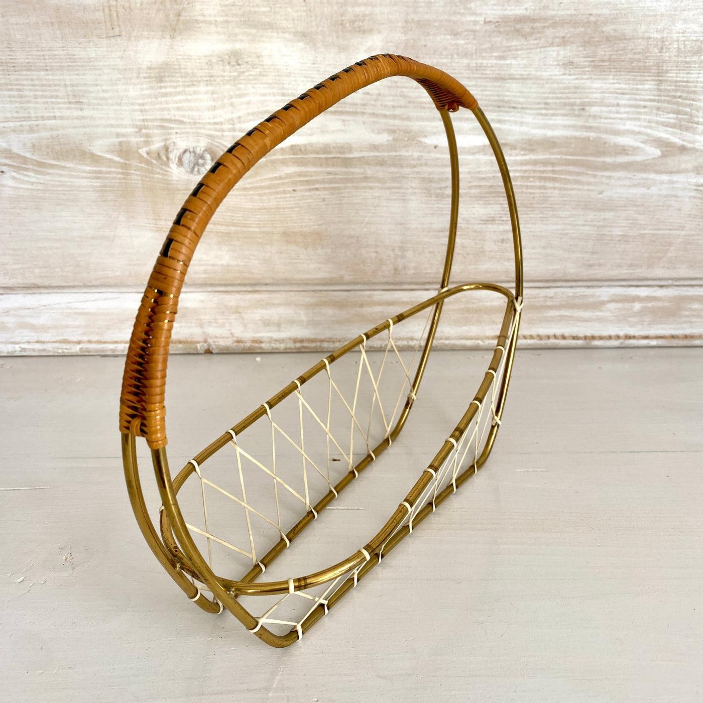 Mid century brass bottle holder with rattan handle 1950s-Sweet Antik