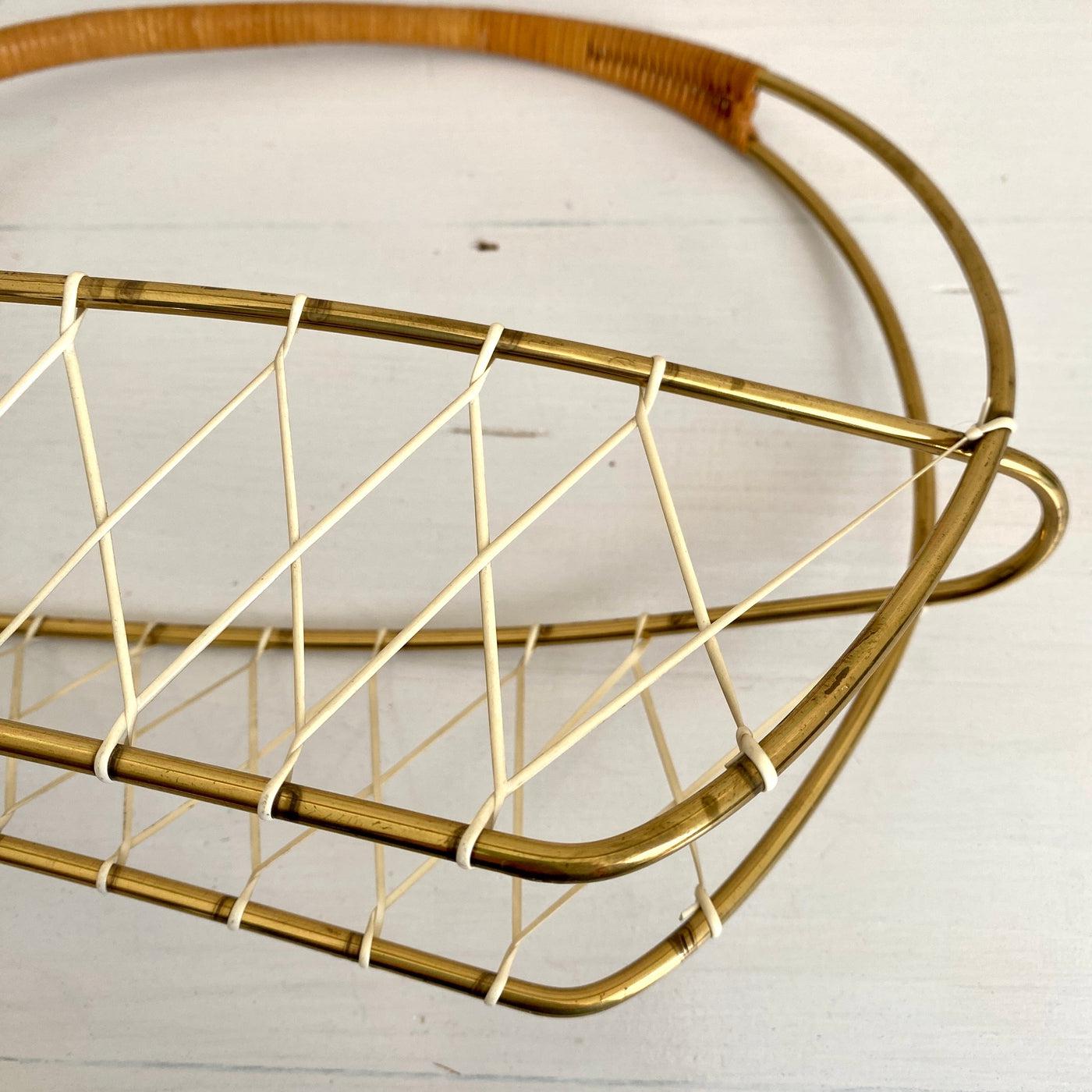 Mid century brass bottle holder with rattan handle 1950s-Sweet Antik