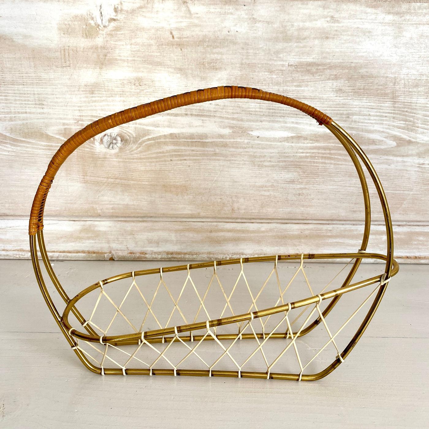 Mid century brass bottle holder with rattan handle 1950s-Sweet Antik