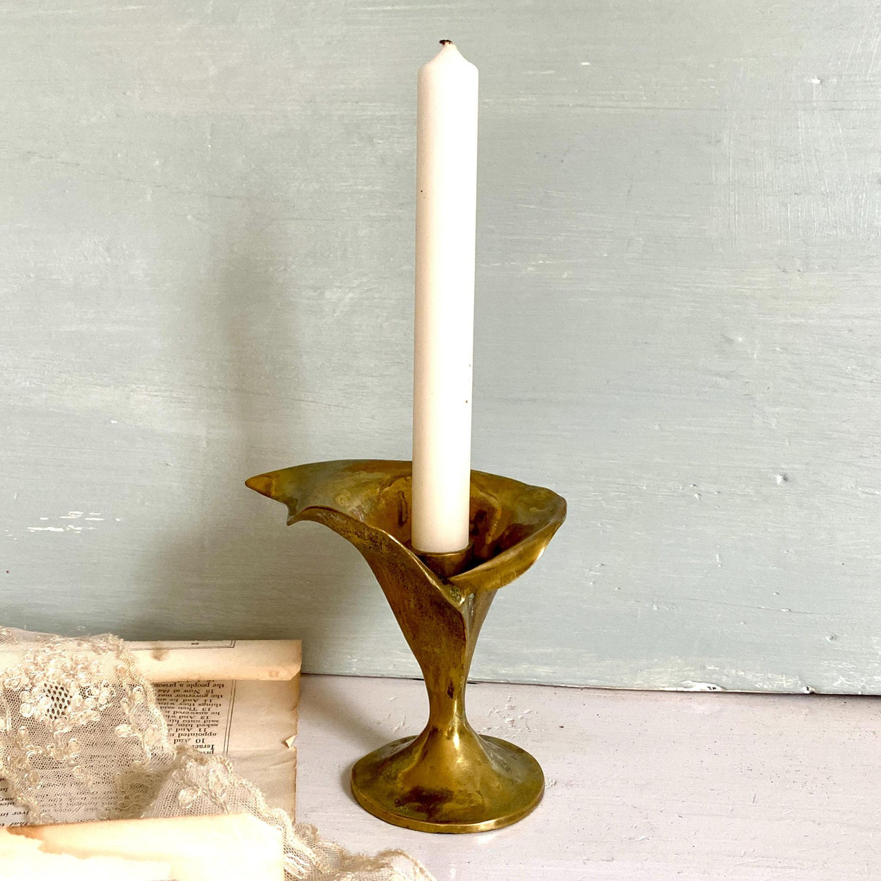 Mid-century candle holder cast brass calla lily flower-Sweet Antik