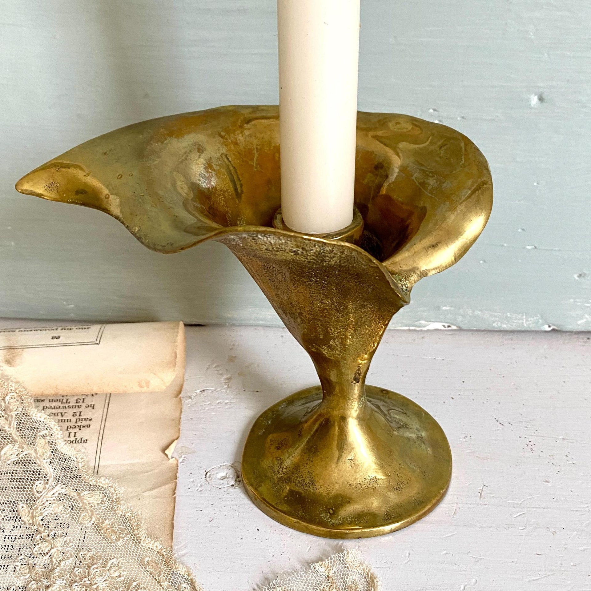 Mid-century candle holder cast brass calla lily flower-Sweet Antik