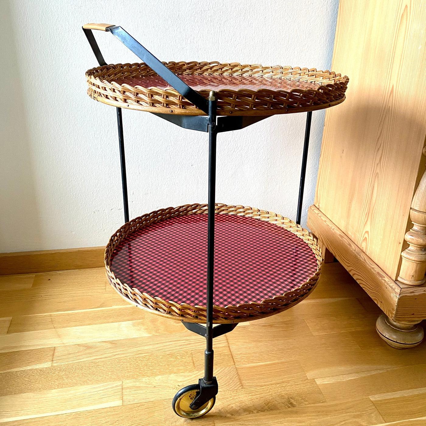 Mid century folding bar cart with removable rattan trays 70s-Sweet Antik