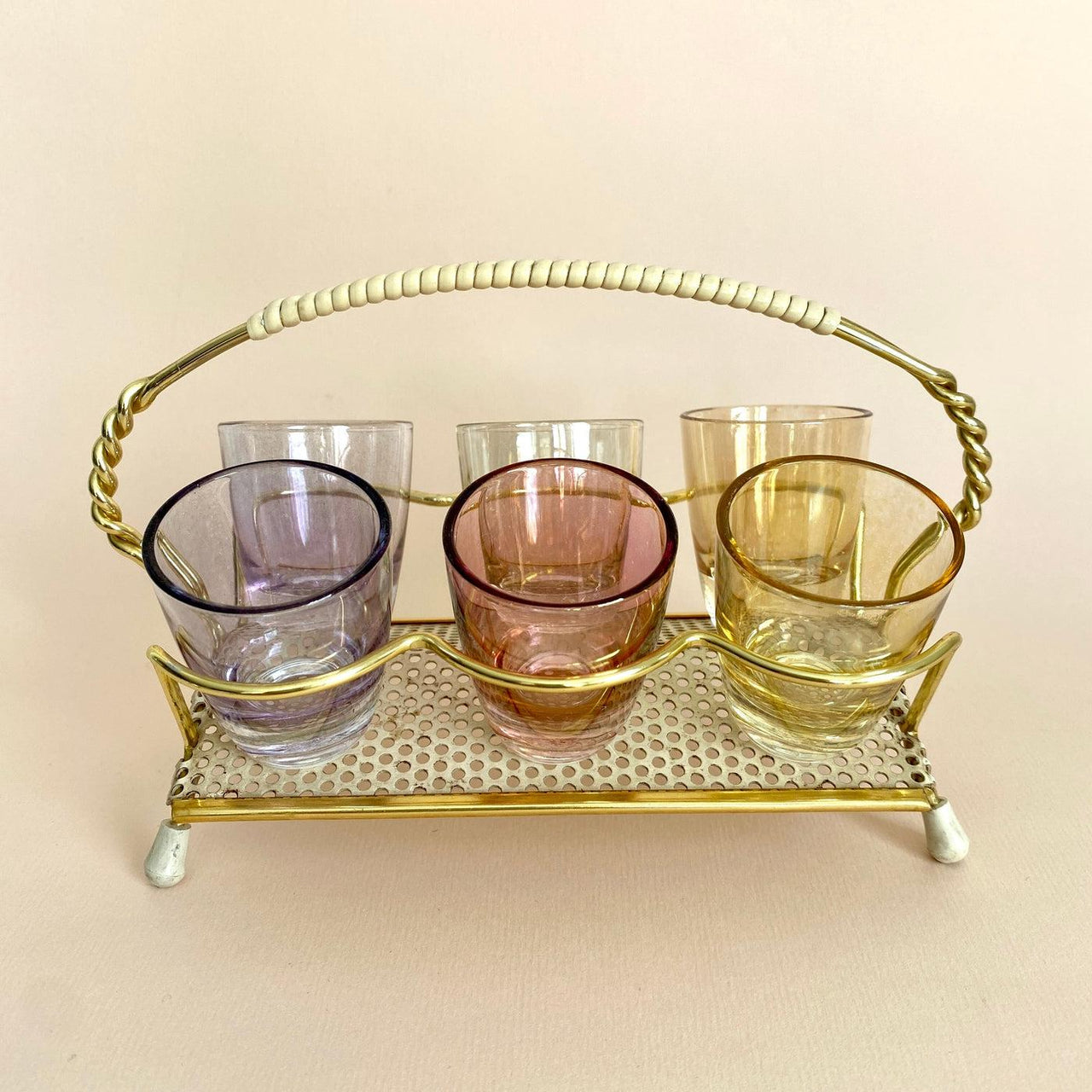 Mid century harlequin shot glass set with rack Mategot style 1950s-Sweet Antik