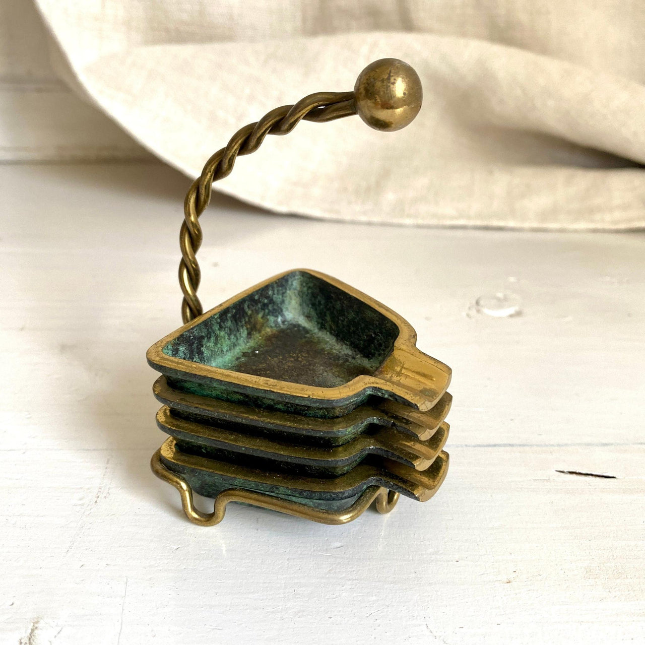Mid-century stacking ashtray set verdigris brass 50s-Sweet Antik