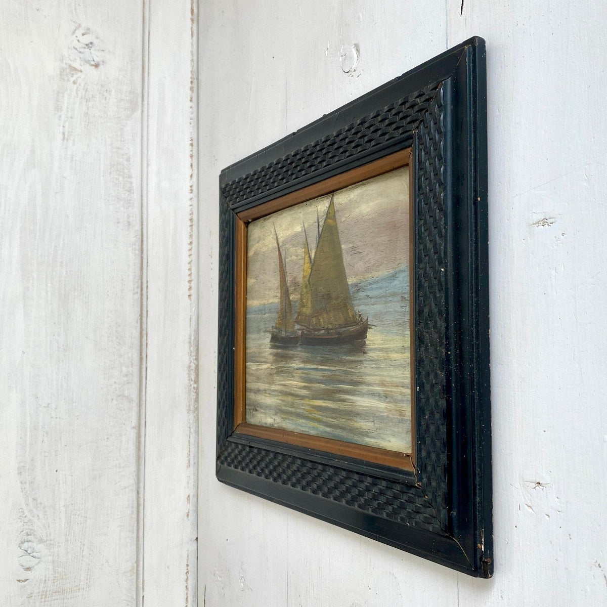 Ölgemälde Antik Holz, Segelboote Seelandschaft Italien, um 1900