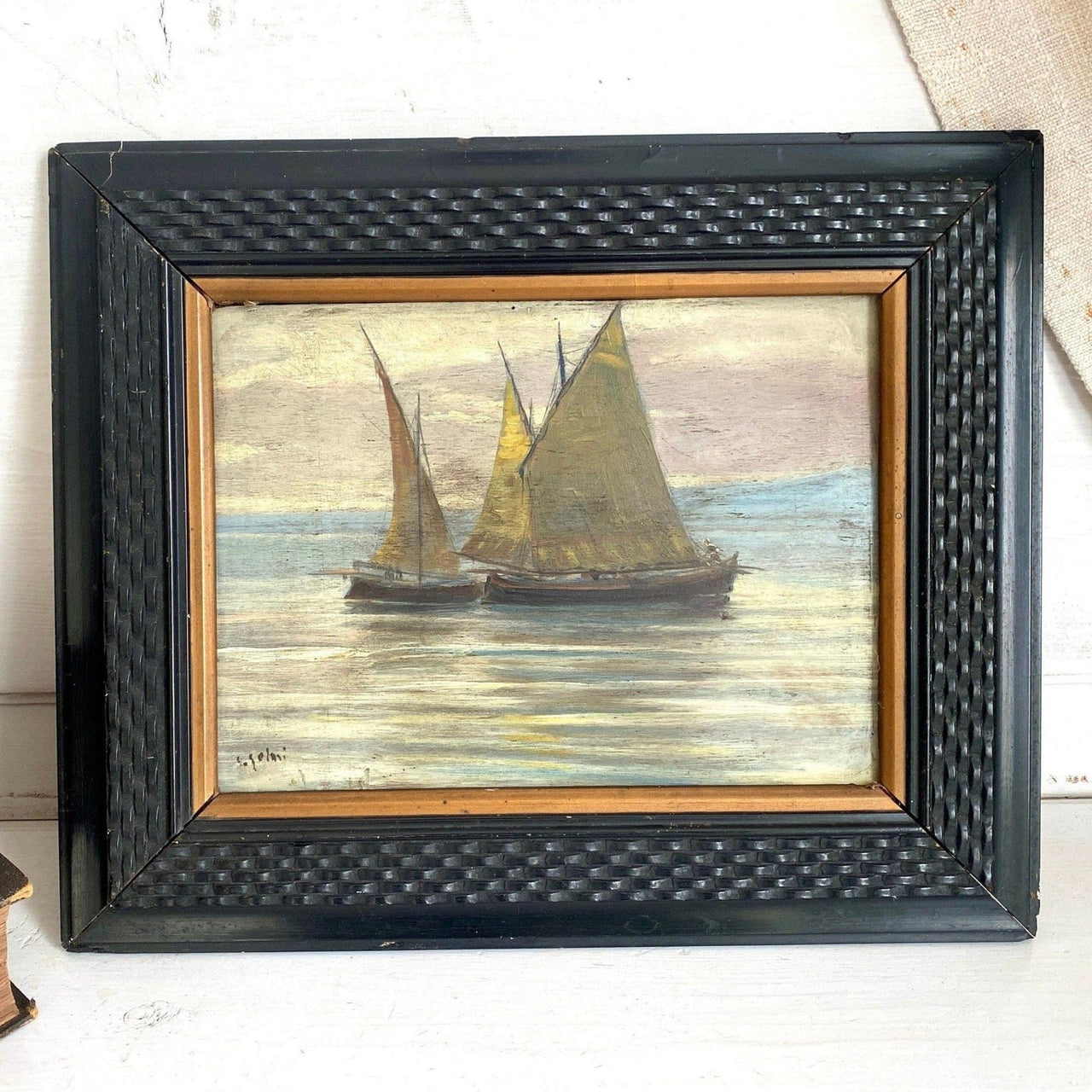 Ölgemälde Antik Holz, Segelboote Seelandschaft Italien, um 1900