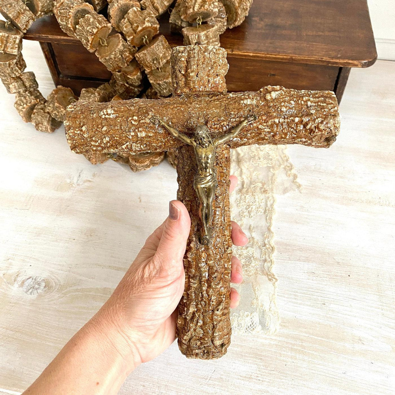 Oversized wall rosary rustic wood "Lady of Fatima", 1970s-Sweet Antik