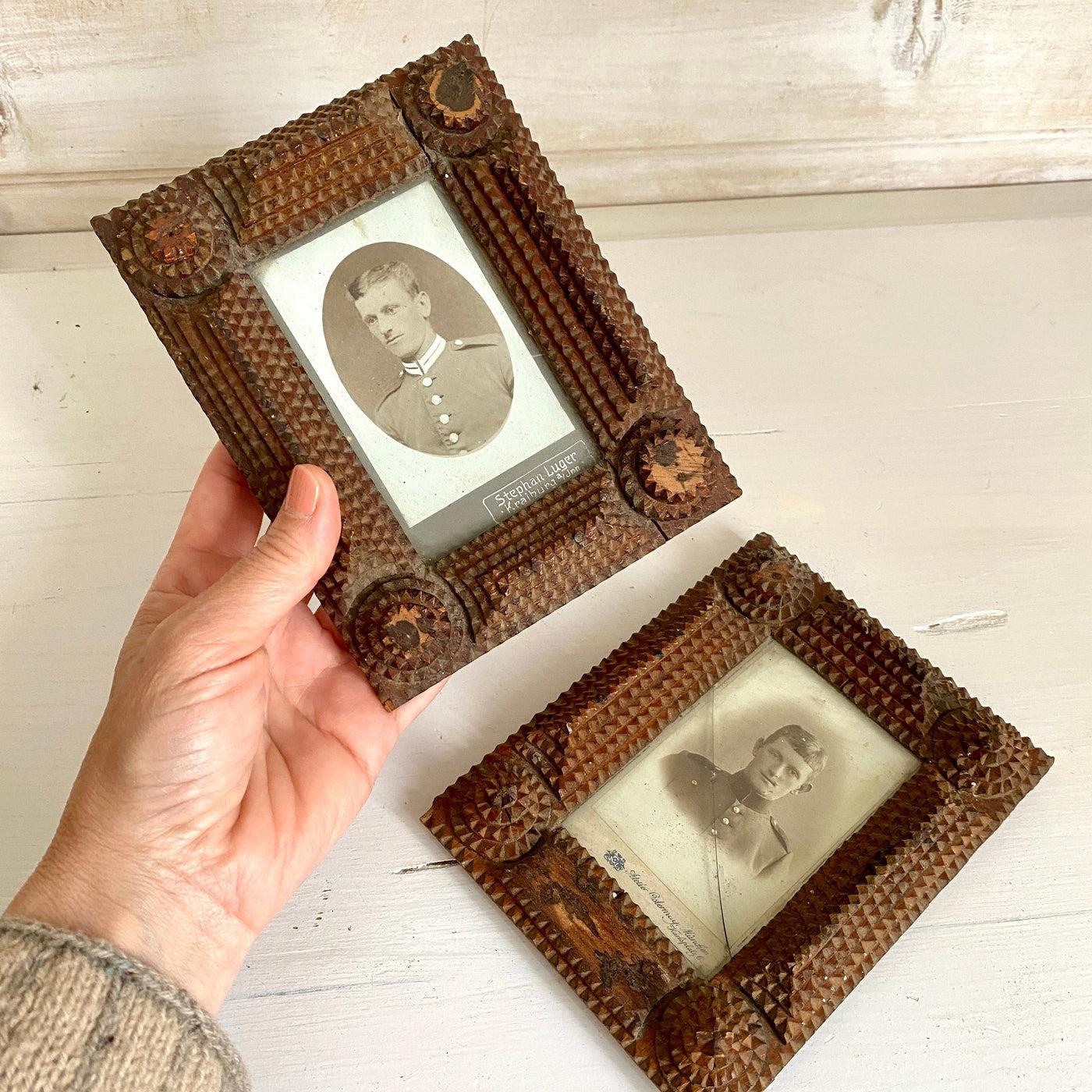 Tramp art wooden frames with soldiers photos, 1800s-Sweet Antik