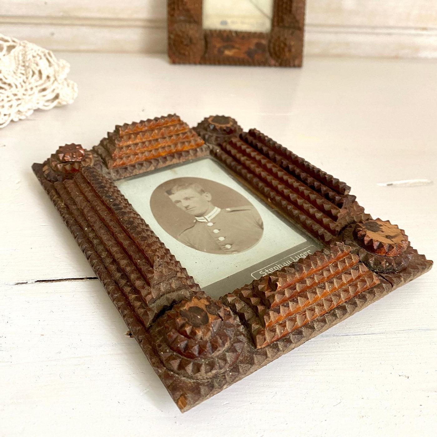 Tramp art wooden frames with soldiers photos, 1800s-Sweet Antik