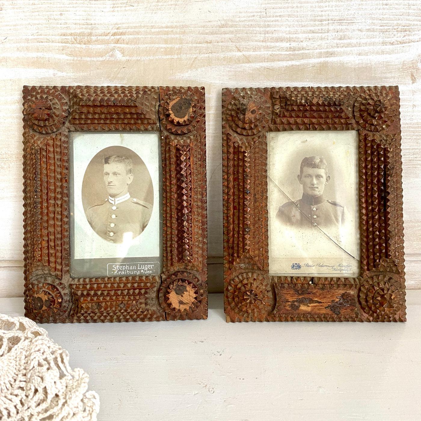 Tramp art wooden frames with soldiers photos, 1800s-Sweet Antik