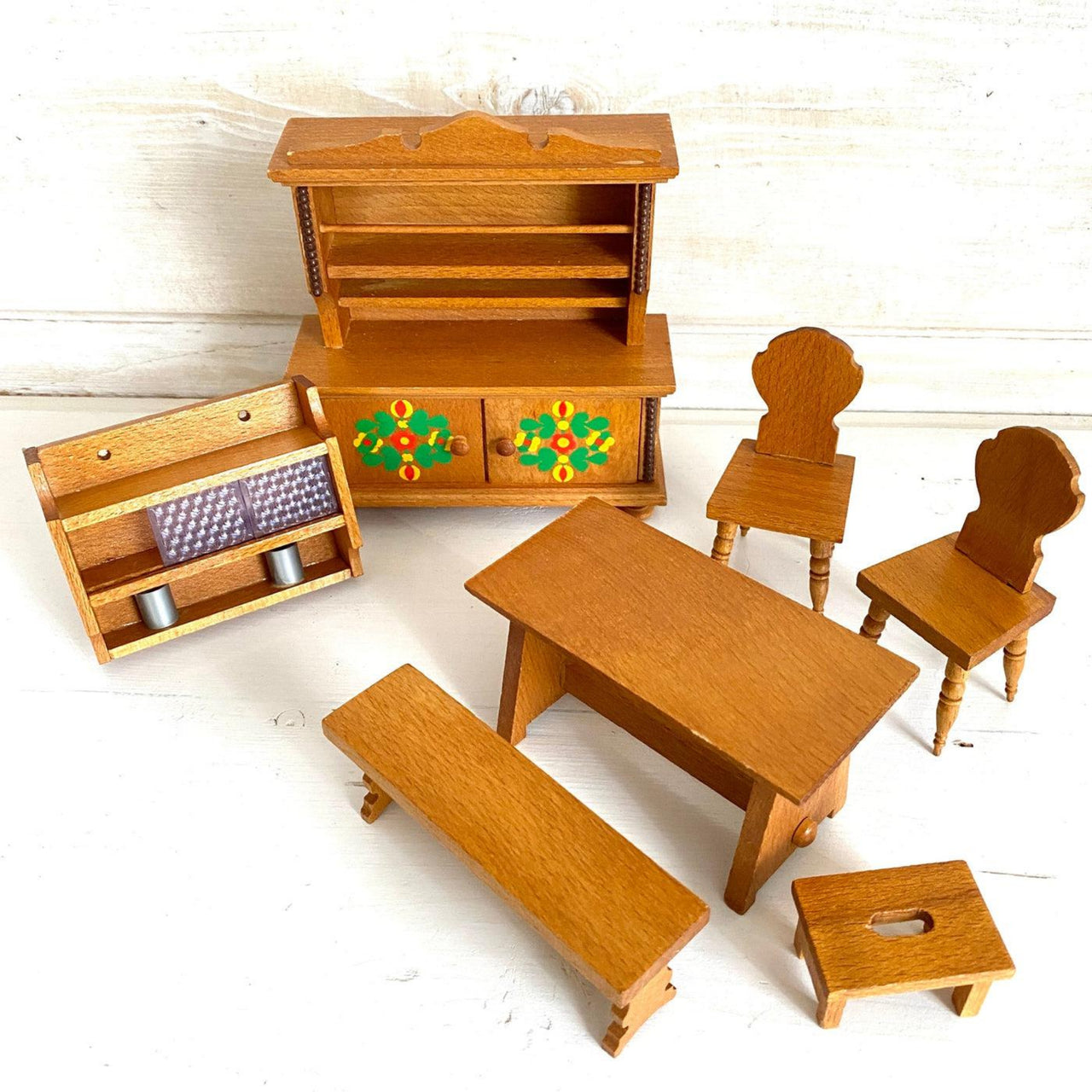 Vintage Vero dollhouse dining room wooden furniture 1970s-Sweet Antik