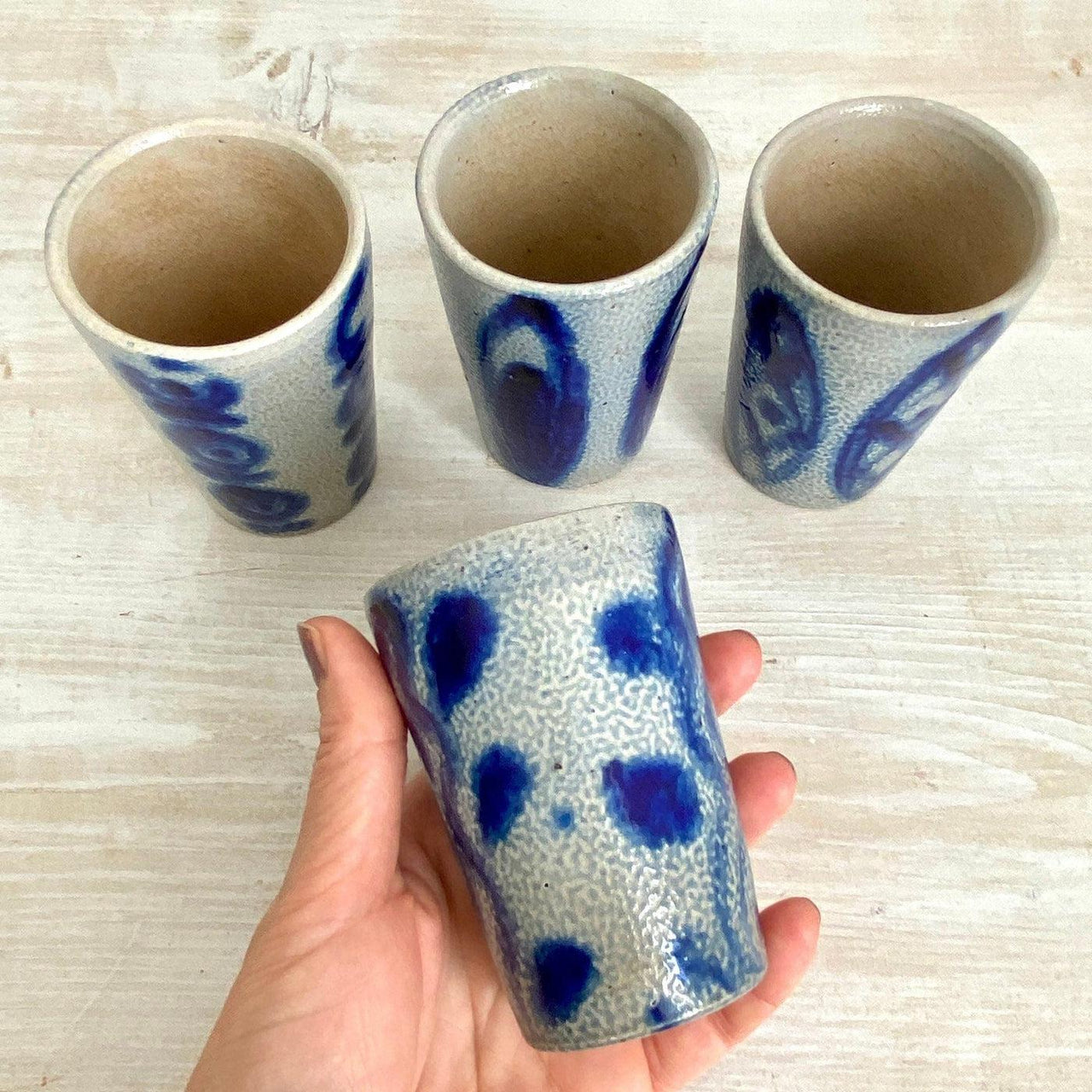 Vintage Westerwald blue salt glaze wine mug set of 4, 1960s-SweetAntik-Sweet Antik