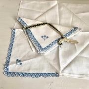 Vintage hand embroidered napkin set blue white open work, 1940s-Sweet Antik