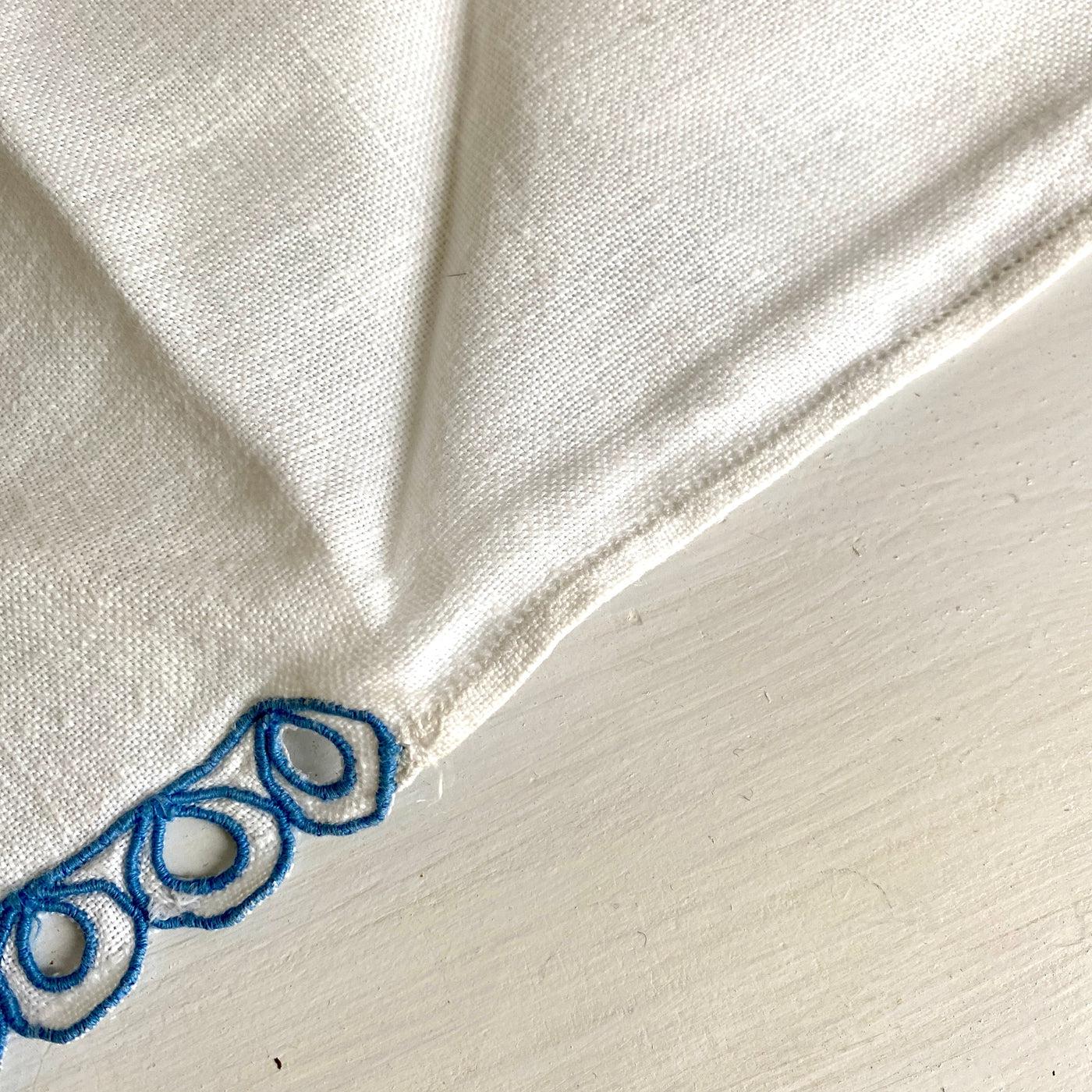 Vintage hand embroidered napkin set blue white open work, 1940s-Sweet Antik