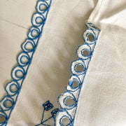 Vintage hand embroidered napkin set blue white open work, 1940s-Sweet Antik