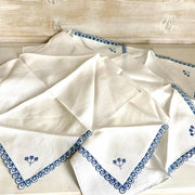 Vintage hand embroidered napkin set blue white open work, 1940s-Sweet Antik