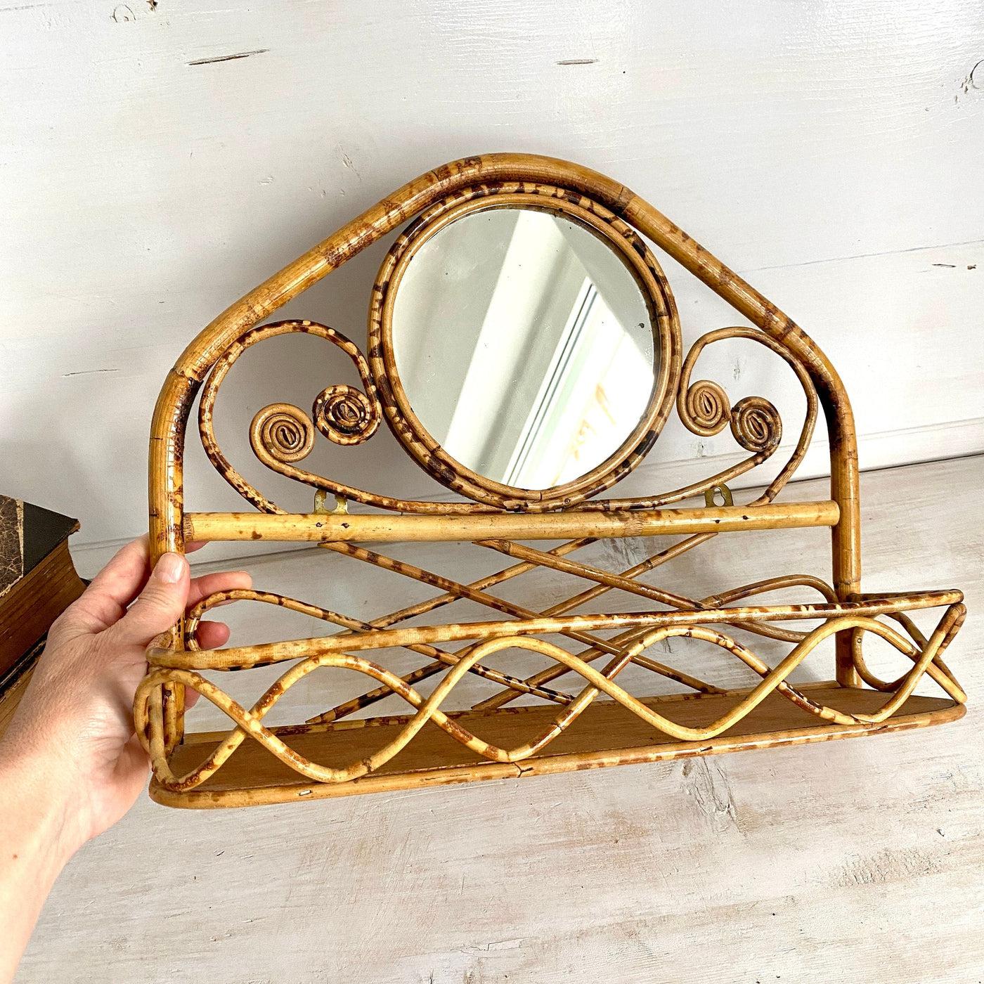 Vintage rattan mirror bamboo shelf 70s boho entryway decor-Sweet Antik