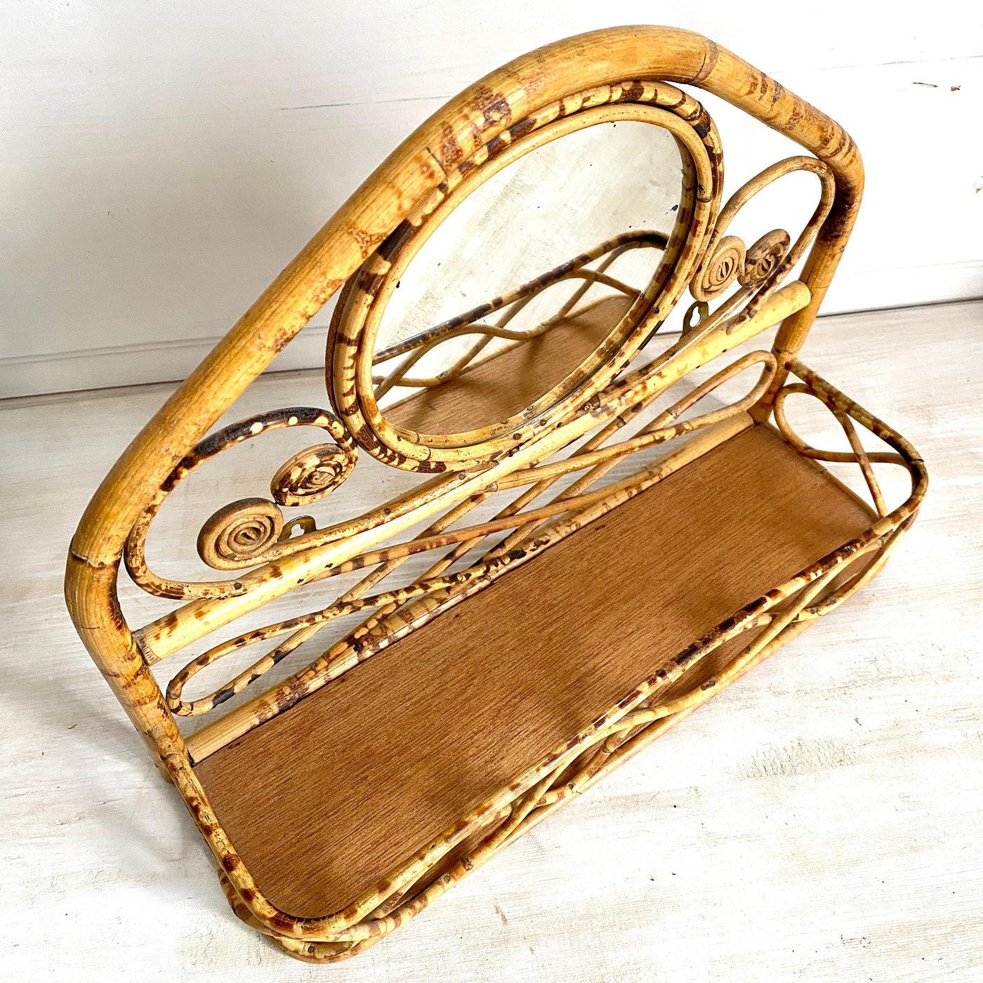 Vintage rattan mirror bamboo shelf 70s boho entryway decor-Sweet Antik