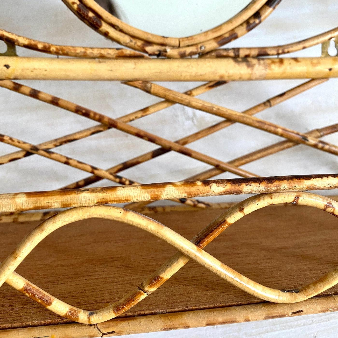 Vintage rattan mirror bamboo shelf 70s boho entryway decor-Sweet Antik