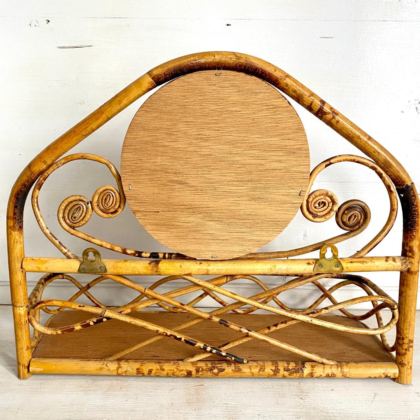 Vintage rattan mirror bamboo shelf 70s boho entryway decor-Sweet Antik