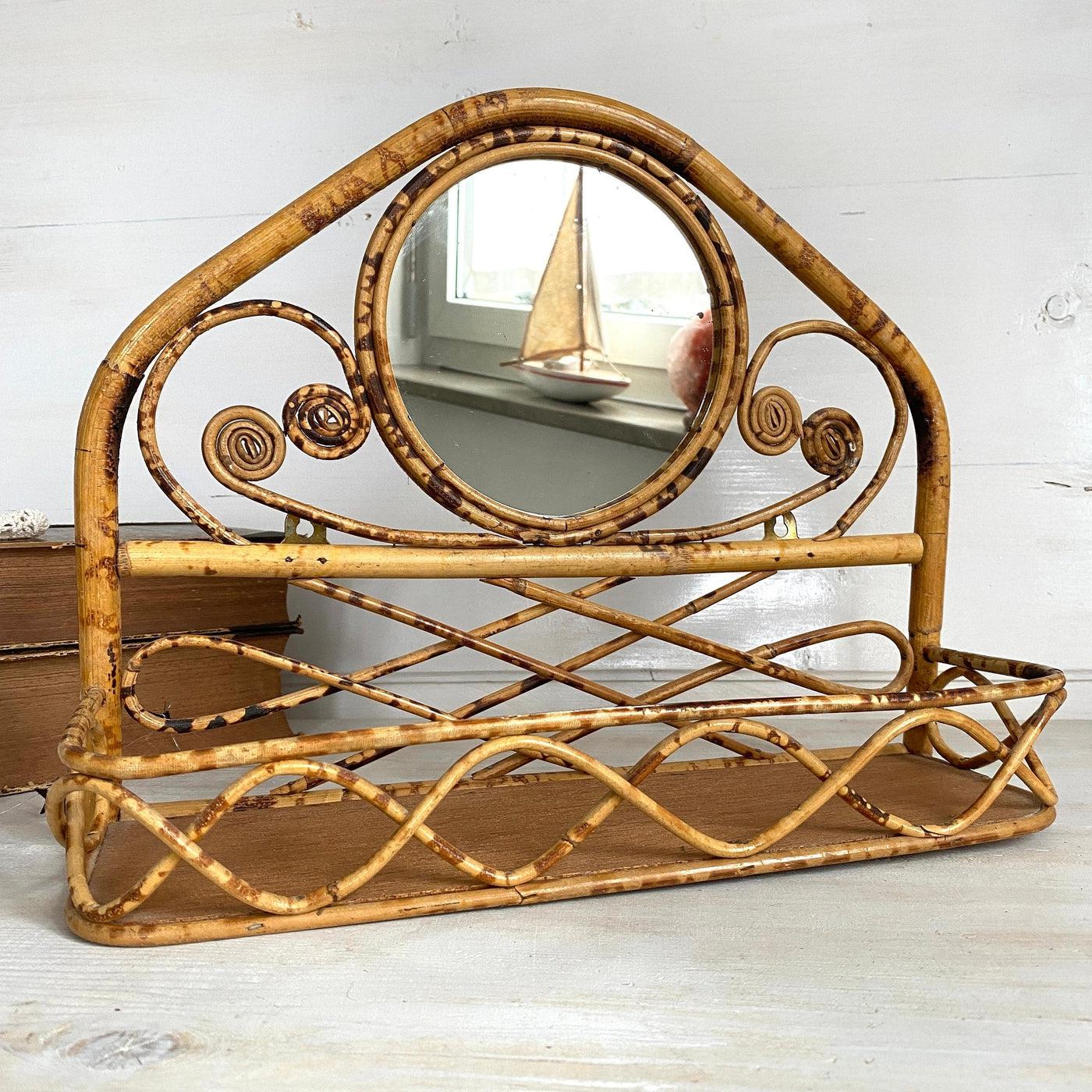 Vintage rattan mirror bamboo shelf 70s boho entryway decor-Sweet Antik