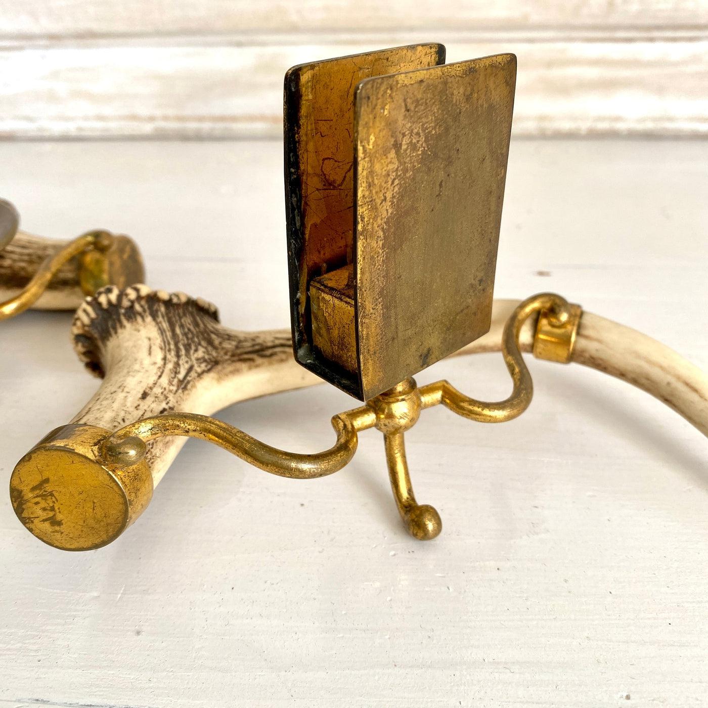 Vintage roe deer antler candle holder and matchbox holder, brass mounted 50s-Sweet Antik