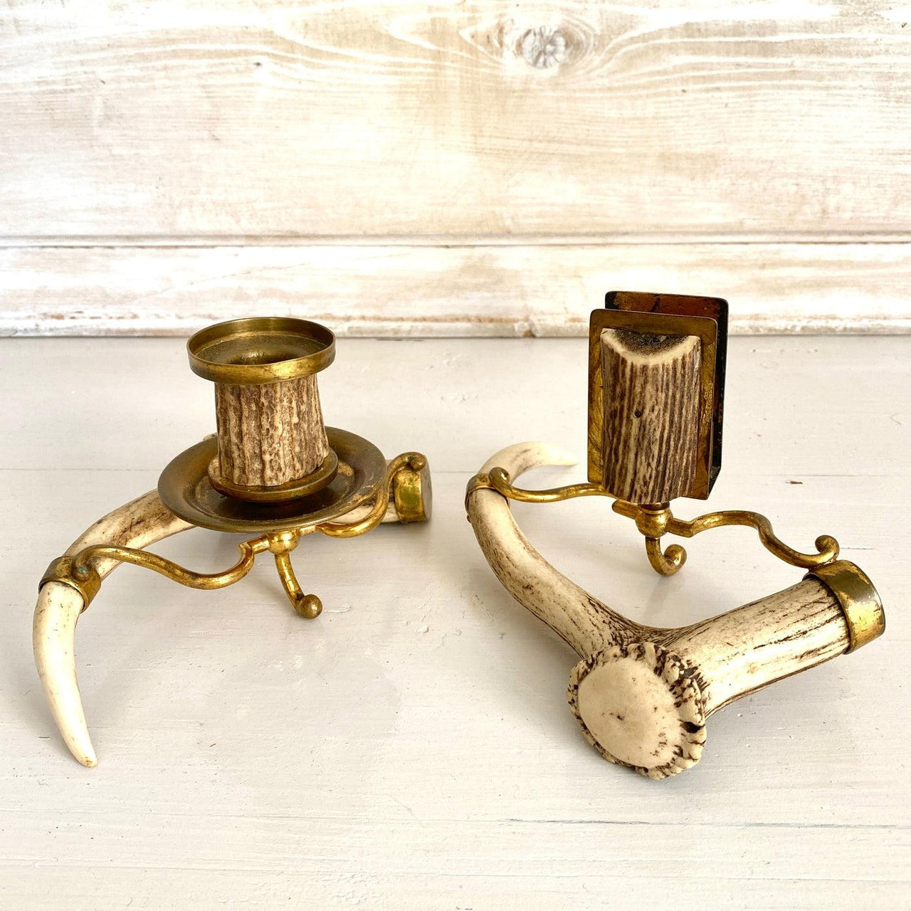 Vintage roe deer antler candle holder and matchbox holder, brass mounted 50s-Sweet Antik