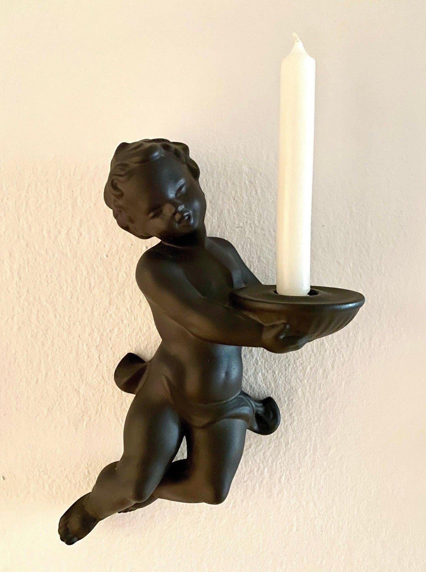 Vintage wall candle holder Wormser Terra Sigillata black angel figurine, 60s-SweetAntik-Sweet Antik