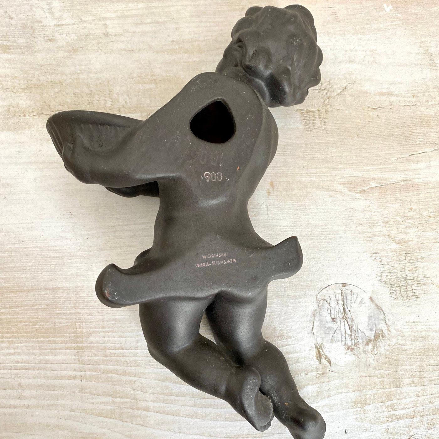 Vintage wall candle holder Wormser Terra Sigillata black angel figurine, 60s-SweetAntik-Sweet Antik