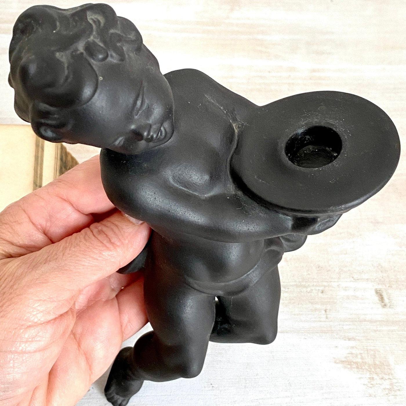 Vintage wall candle holder Wormser Terra Sigillata black angel figurine, 60s-SweetAntik-Sweet Antik