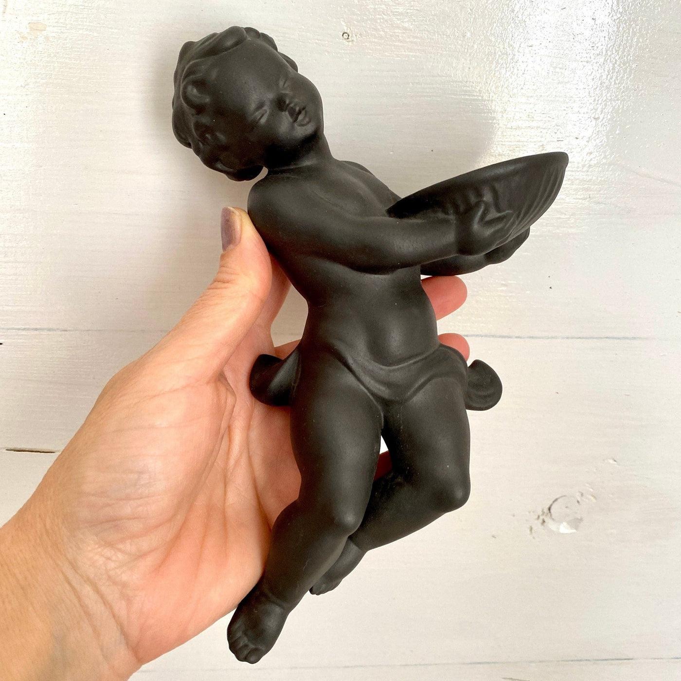 Vintage wall candle holder Wormser Terra Sigillata black angel figurine, 60s-SweetAntik-Sweet Antik