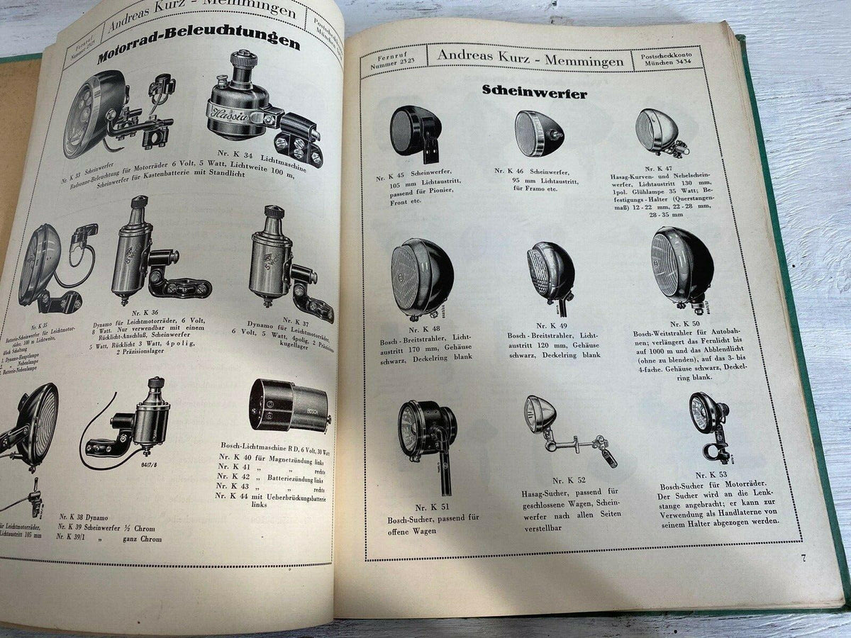 Alter Großhändler Katalog 1938 KFZ Oldtimer KFZ PKW Ersatzteile Auto Motorräder Firma Kurz Memmingen-SweetAntik
