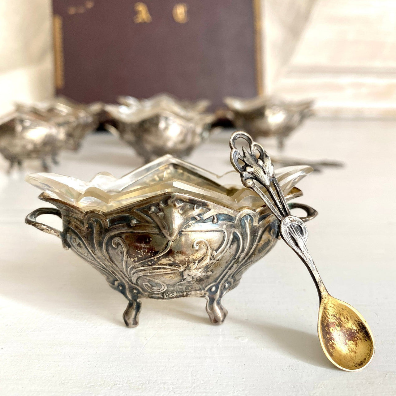 antique-Art Nouveau silver salt cellar set of 6 in box with gold initials, Germany 1910s-Sweet Antik