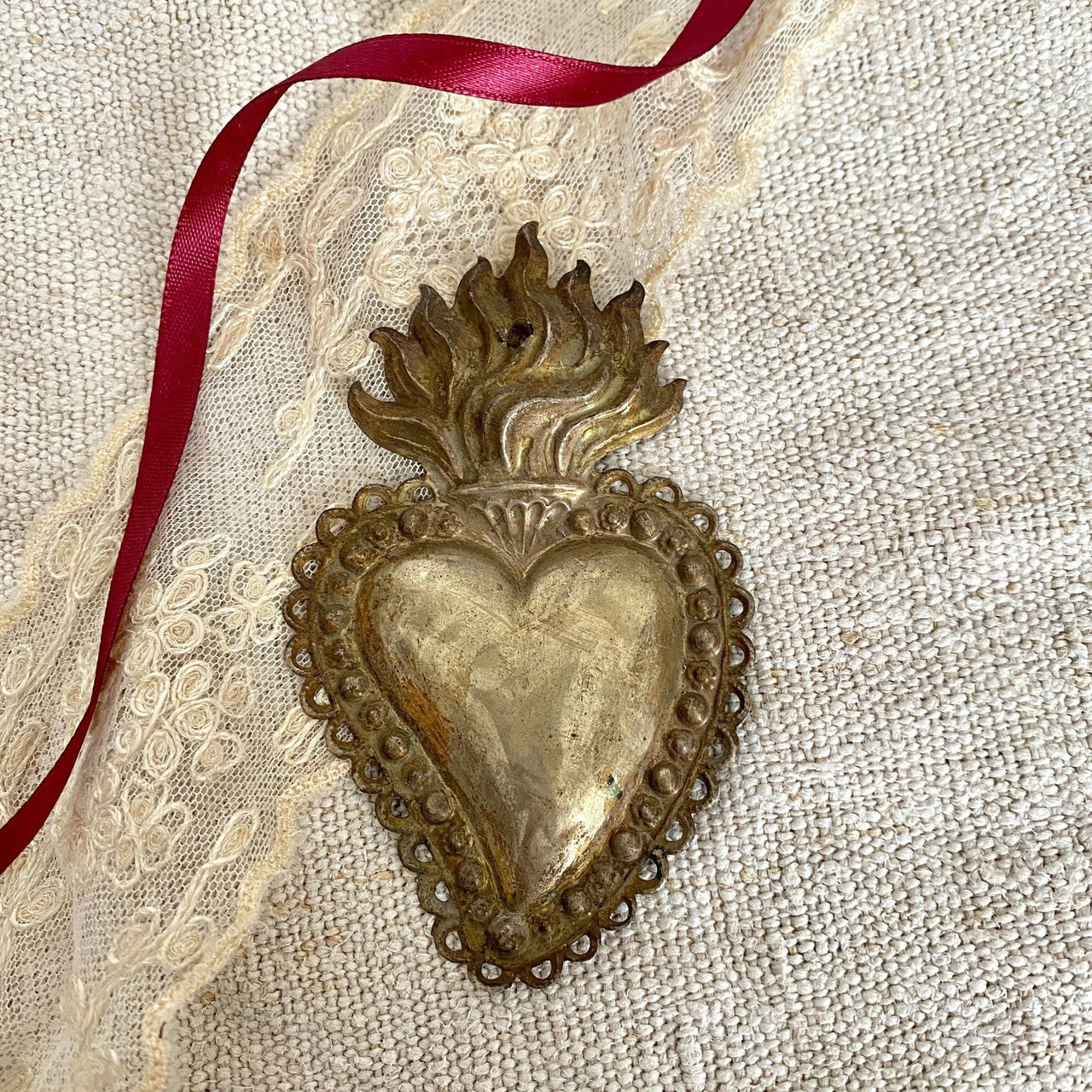 Antique Italian Ex Voto large silverplate flaming heart |0887-vintage-Ex Voto-Sweet Antik