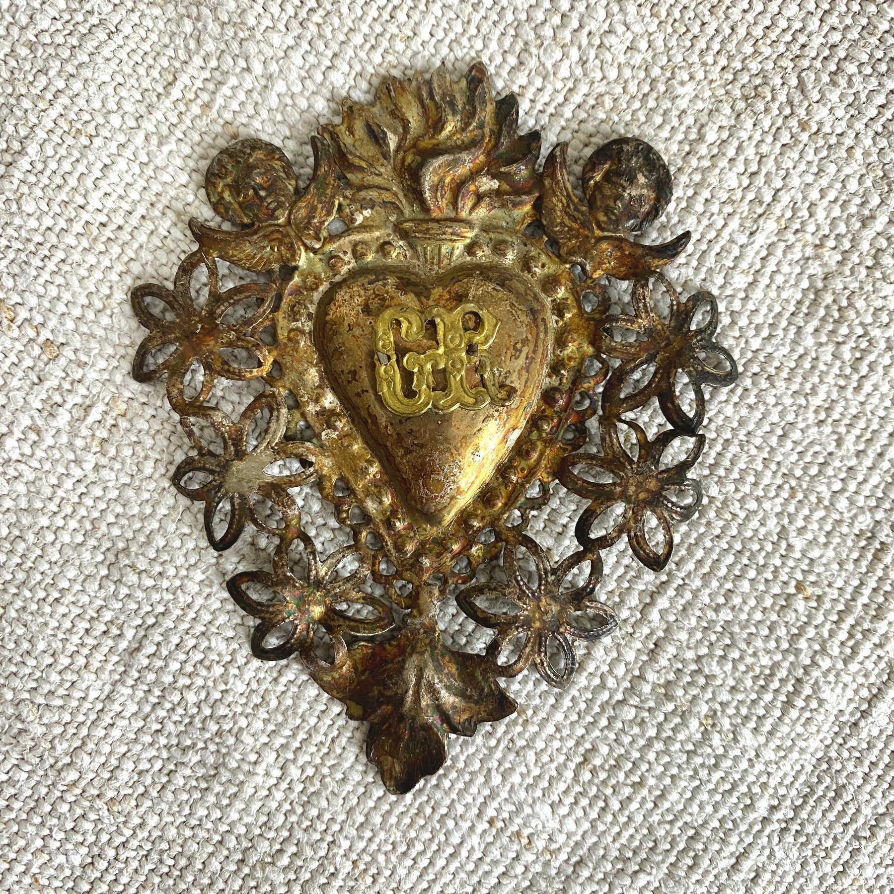 Antique Italian Ex Voto silverplate sacred heart cherub angels | 0884-vintage-Ex Voto-Sweet Antik