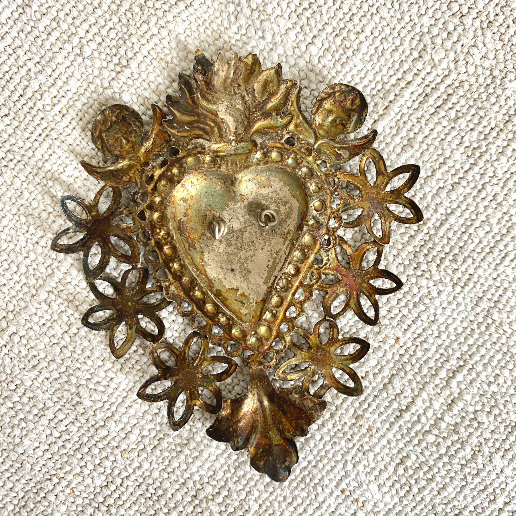 Antique Italian Ex Voto silverplate sacred heart cherub angels | 0884-vintage-Ex Voto-Sweet Antik