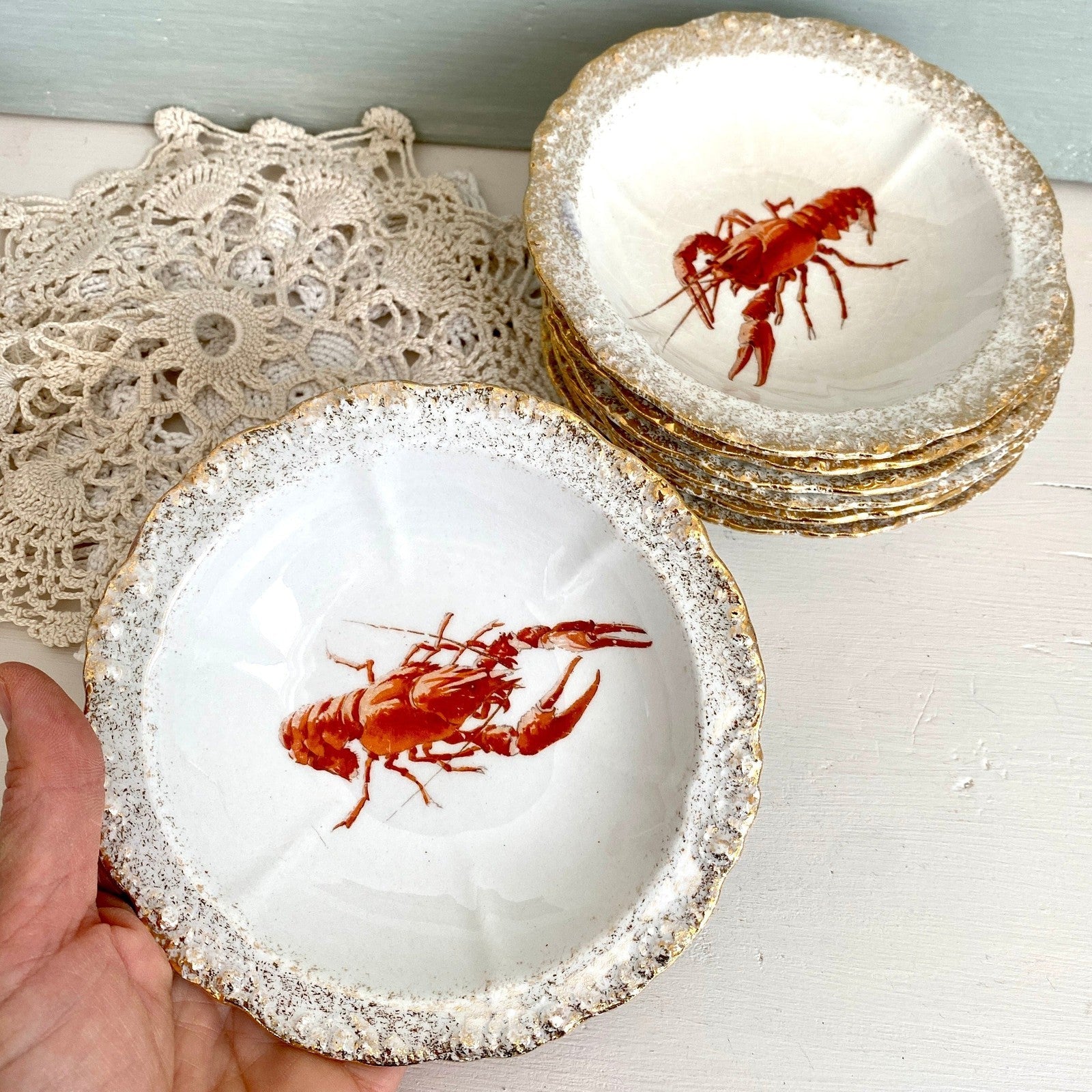 Antique Sevres China Co. serving bowl set lobster, fleur-de-lys mark, 1900s-Sweet Antik