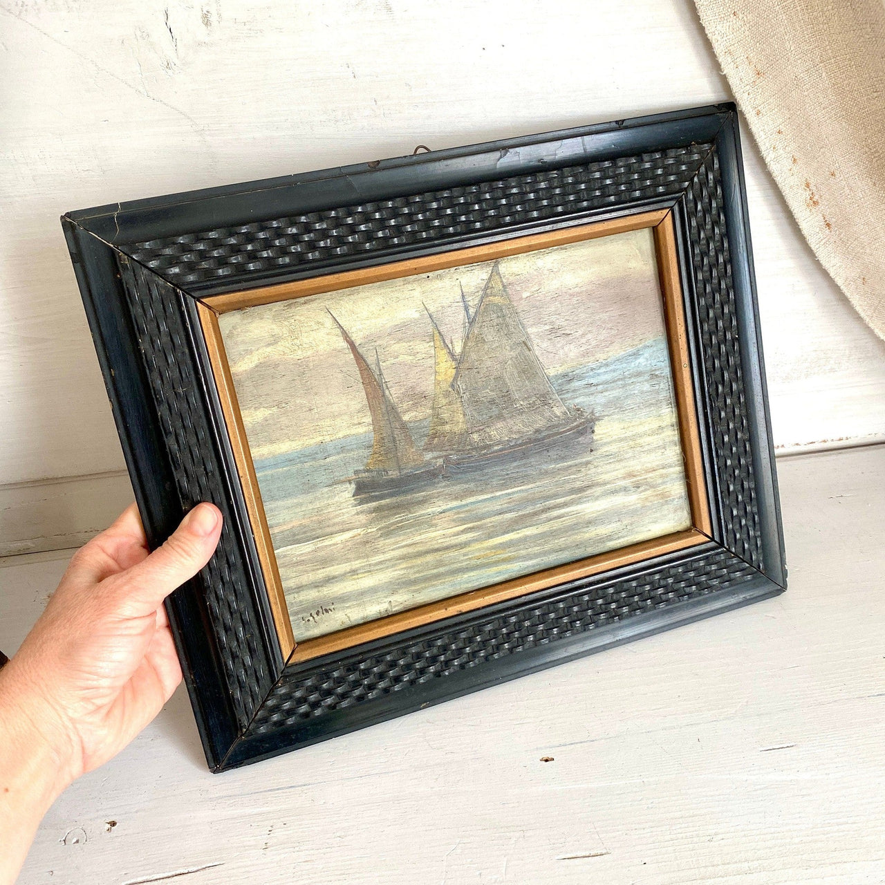 vintage-Antique oil painting on wood with sailing boats, Italy signed 1900s-Sweet Antik