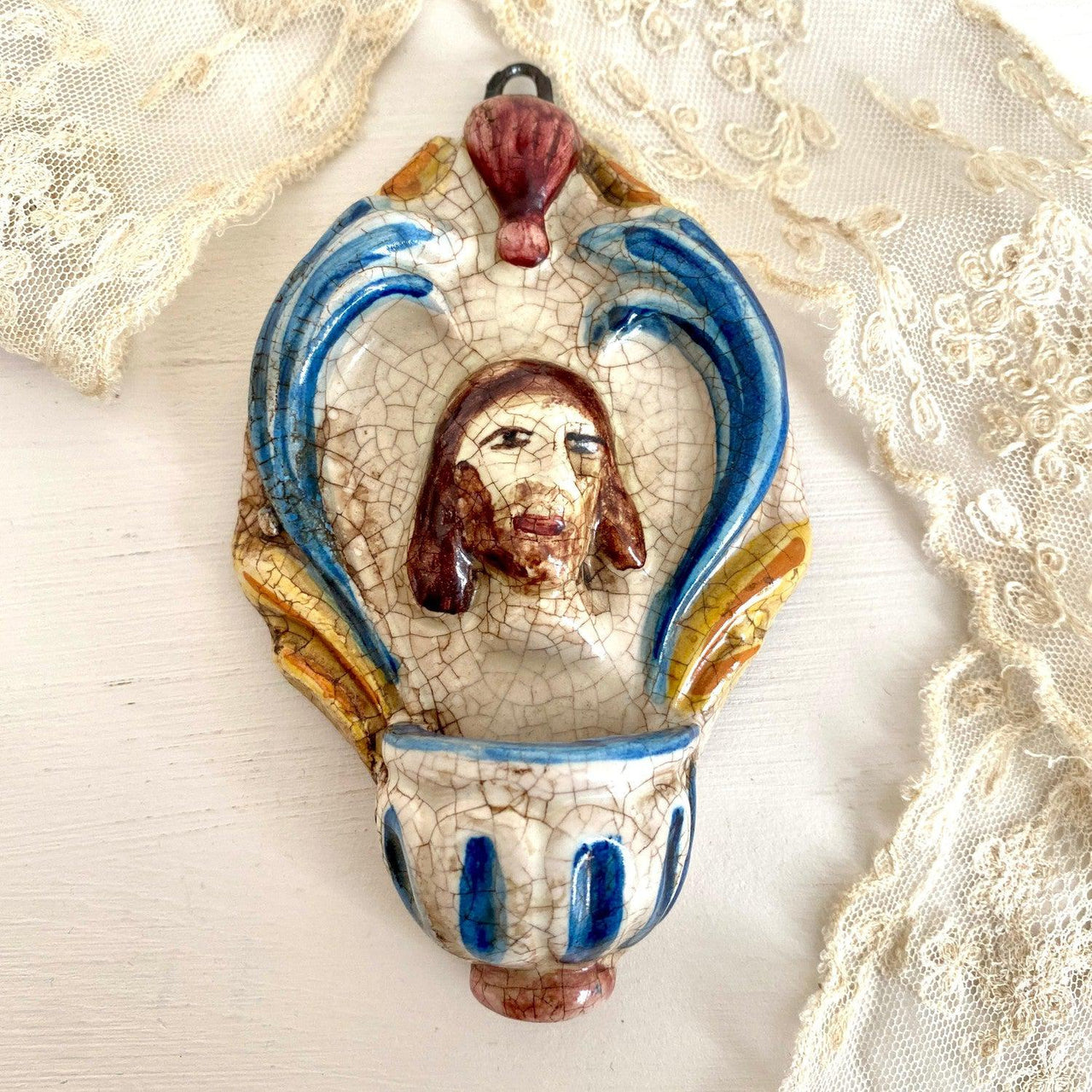 Vintage holy water font Jesus Christ Caltagirone ceramics-original-vintage-Sweet Antik