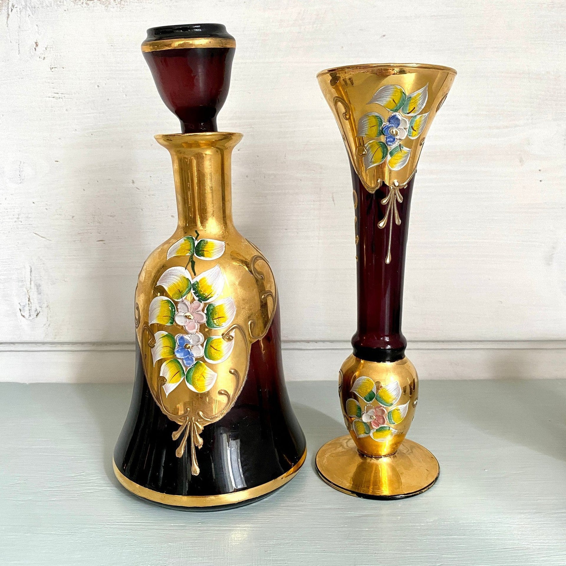 Vintage Murano glass "Tre Fuochi" decanter set 24 kt bottle and glasses-Sweet Antik